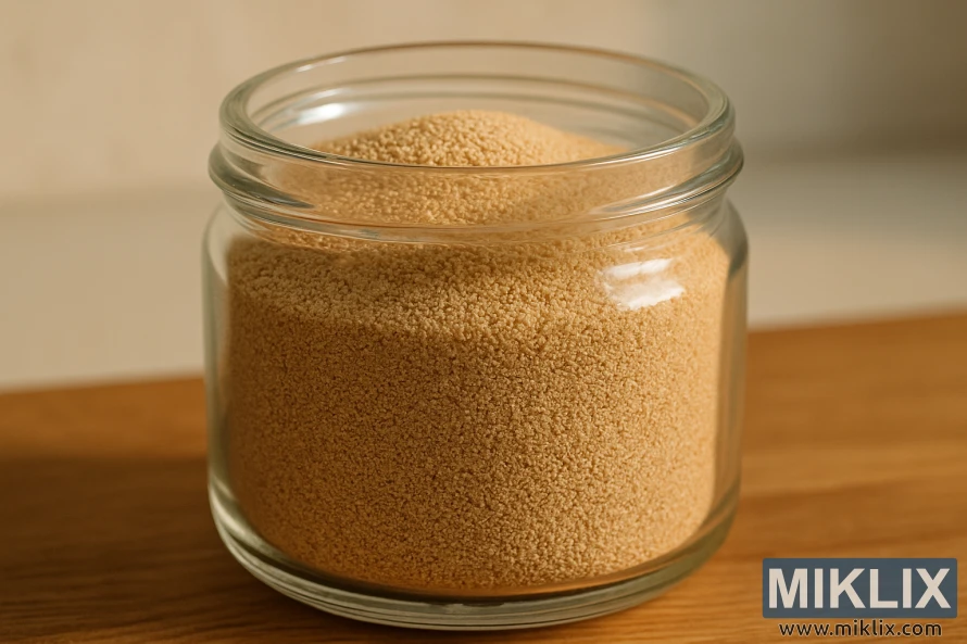 A close-up shot of a glass jar filled with dry brewer's yeast pellets, illuminated by warm, natural lighting. The yeast granules are depicted in vivid detail, their light tan hue and distinctive shapes creating a visually appealing and textural composition. The jar is placed on a wooden surface, with a blurred background suggesting a minimalist, laboratory-like setting. The overall image conveys a sense of quality, scientific precision, and the essential role this yeast plays in the beer brewing process.
