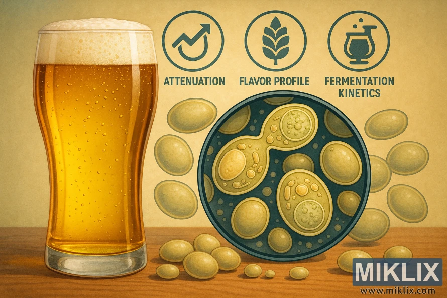 A vibrant, detailed illustration showcasing the benefits of brewer's yeast for low- and no-alcohol beer production. In the foreground, a glass of golden-hued beer, its clarity and delicate carbonation highlighting the yeast's exceptional performance. The middle ground features a magnified view of the yeast cells, their intricate structures and cellular components meticulously rendered. In the background, a series of infographic-style icons symbolizing the yeast's key attributes: attenuation, alcohol tolerance, flavor profile, and fermentation kinetics. The scene is bathed in warm, natural lighting, creating a sense of scientific precision and quality. The overall composition conveys the technical advantages and brewing benefits of specific yeast strains for crafting exceptional low- and no-alcohol beer.