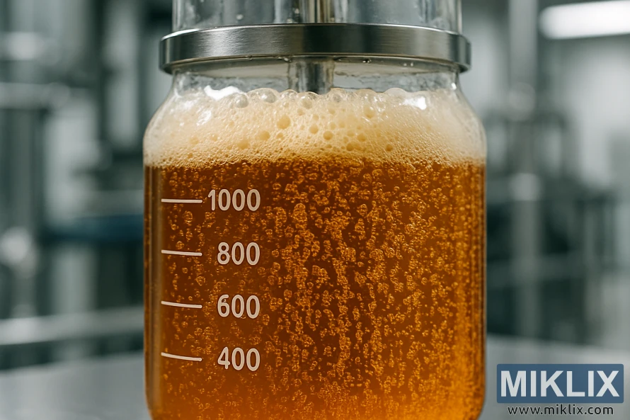 A well-lit, high-contrast close-up of a lab-grade fermentation vessel filled with a bubbly, amber liquid. The liquid is vigorously fermenting, with streams of tiny gas bubbles rising to the surface. The vessel is made of clear glass, allowing a view of the active yeast colony. The background is blurred, but suggests a professional brewing or laboratory environment, with stainless steel equipment and clinical lighting. The overall impression is one of dynamic, controlled fermentation.
