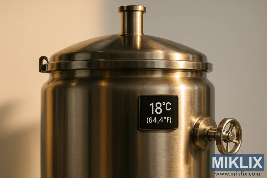 A stainless steel fermentation tank against a crisp, white background, illuminated by warm, directional lighting. The tank's surface reflects the ambient light, creating a sleek, polished appearance. On the tank's side, a digital display showcases the precise fermentation temperature of 18°C (64.4°F), the optimal range for a specific brewer's yeast strain. The tank's design exudes a sense of precision, control, and the careful attention to detail required for successful beer fermentation.