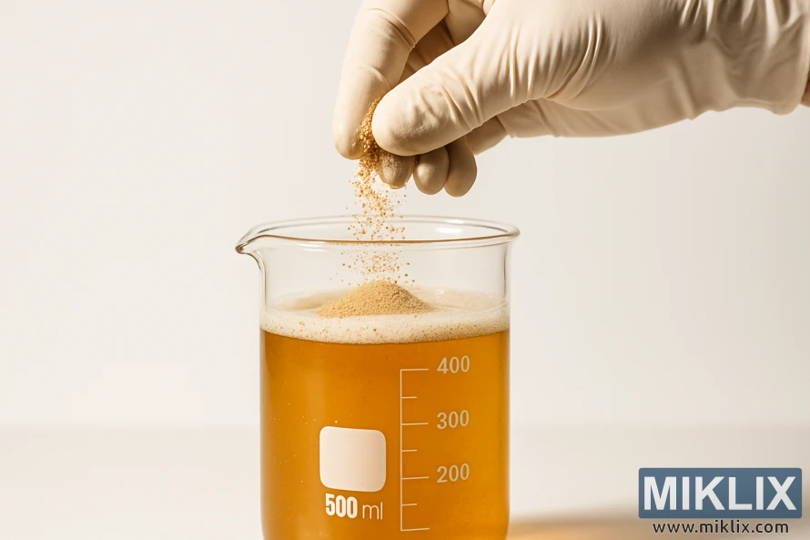 A close-up view of a brewer's hand directly pitching dry brewer's yeast into a glass laboratory beaker filled with beer wort. The wort is a deep golden color, with a slight haze. The beaker is set against a plain white background, casting soft, even lighting across the scene. The brewer's hand, clad in a sterile latex glove, is carefully sprinkling the light brown yeast granules into the wort, with a focused, precise motion. The image conveys the technical nature of the pitching process, highlighting the importance of proper yeast handling and direct inoculation for optimal fermentation with this lager-ale hybrid strain.