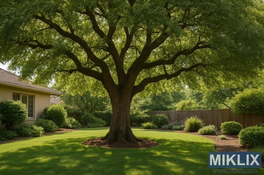 A serene residential garden dominated by a majestic, mature oak tree at its center. Its thick, textured trunk rises powerfully, supporting a vast canopy of lush green leaves that filter sunlight and cast dappled shade across the neatly manicured lawn. The grass is vibrant and healthy, curving gracefully around the tree with mulch at its base, enhancing its prominence. To the left, part of a beige suburban home with a tiled roof and large window is visible, framed by carefully pruned shrubs. A wooden fence stretches across the background, lined with a variety of ornamental bushes and plants, creating a sense of privacy and tranquility. The overall atmosphere is calm, inviting, and well-tended.