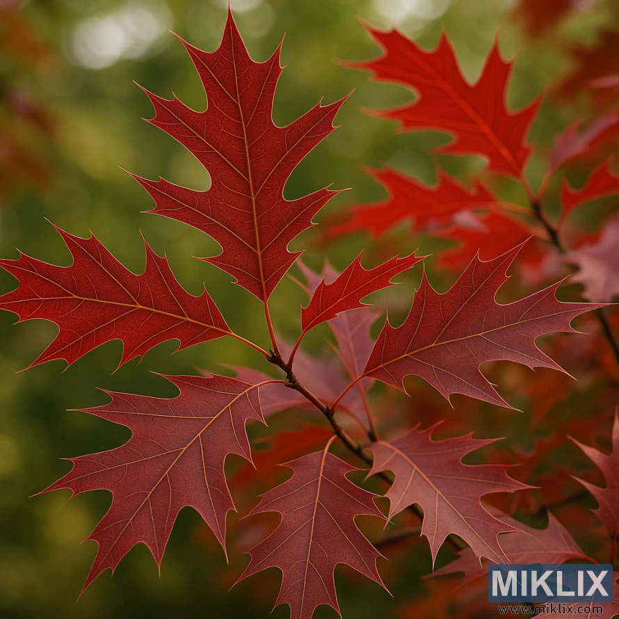 A strikingly detailed close-up of red oak leaves, showcasing the defining pointed lobes of the species. Each leaf glows with rich crimson tones, their surfaces highlighted by fine, branching veins that add depth and texture. The sharply tapered tips and angular edges are clearly visible, emphasizing the distinctive shape characteristic of the red oak group. The leaves are attached to slender twigs, which weave subtly through the composition. In the background, a soft blur of green and golden hues creates a natural contrast, allowing the vivid red foliage to stand out dramatically. The overall effect is both crisp and lifelike, evoking the vibrant beauty of autumn.