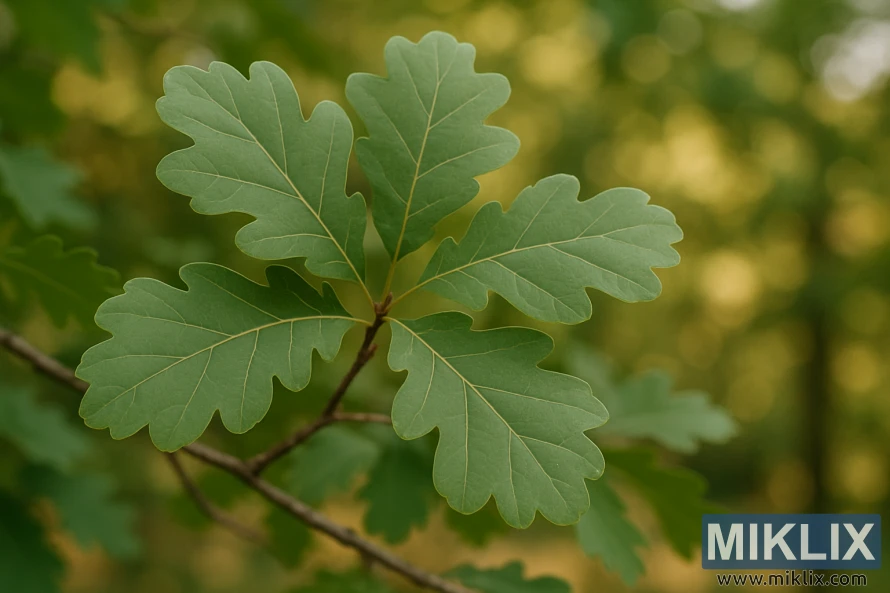 A beautifully detailed close-up of white oak leaves (Quercus alba), distinguished by their rounded lobes that give them a soft, almost sculpted appearance. The leaves are a vibrant green, with pale, branching veins clearly visible against their smooth surfaces. They extend gracefully from a slender brown twig, spreading outward in a balanced cluster. Sunlight filters gently through the forest canopy, casting a warm golden glow in the blurred background, which enhances the depth and natural serenity of the composition. The contrast between the crisp, sharply focused leaves and the softly diffused woodland backdrop emphasizes their distinctive form and texture, highlighting the signature traits of the white oak group.