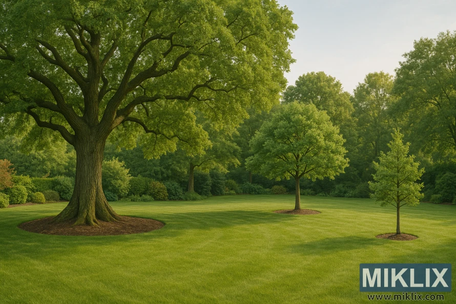 A tranquil garden scene featuring three oak trees of varying sizes and shapes, arranged across a wide expanse of neatly manicured green lawn. On the left, a massive, mature oak dominates the composition with its thick, weathered trunk and broad, spreading canopy that casts a wide pool of shade. In the center stands a medium-sized oak, more upright and compact, its rounded crown full of vibrant green foliage. To the right, a young, slender oak rises modestly, its narrow trunk supporting a smaller canopy. Each tree is encircled by a neat mulch bed, while the lush backdrop of shrubs and distant trees completes the setting, emphasizing the natural progression of growth.
