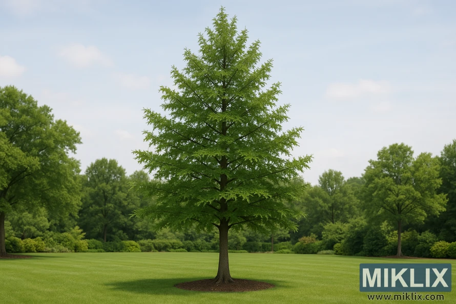 A mature Pin Oak (Quercus palustris) standing prominently in a well-kept park. Its distinctive pyramidal form is clearly defined, with strong, symmetrical branching that tapers upward to a pointed crown. Each tier of branches extends outward in a layered fashion, creating a strikingly geometric silhouette. The dense canopy of bright green leaves captures the sunlight, casting soft dappled shadows on the neatly mowed lawn below. The trunk is tall and straight, rising from a circular bed of mulch that accentuates its base. In the background, a variety of other trees and shrubs provide depth and contrast, while a soft blue sky with scattered clouds enhances the calm, natural beauty of the scene.
