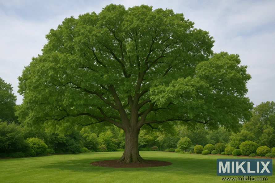 A mature White Oak (Quercus alba) standing majestically in a serene garden setting. Its thick, sturdy trunk supports an expansive, broad-spreading canopy that stretches outward in a nearly symmetrical form, creating a wide umbrella of dense green foliage. The leaves glow with vibrant shades of green, filtering soft daylight and casting gentle shade on the manicured lawn below. A neat mulch ring encircles the tree’s base, emphasizing its prominence within the landscape. In the background, well-trimmed shrubs and a border of trees create a layered backdrop of lush greenery, while the partly cloudy sky adds depth and tranquility to the scene, highlighting the tree’s grandeur.
