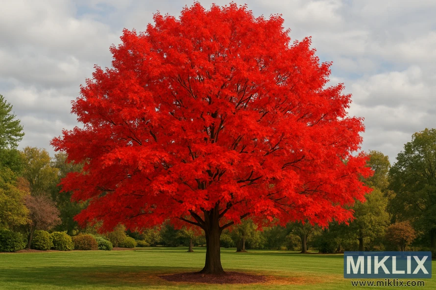 A magnificent Northern Red Oak (Quercus rubra) in full autumn splendor, its broad canopy ablaze with brilliant scarlet-red foliage. The vibrant leaves create a fiery crown that contrasts strikingly against the surrounding landscape of green, yellow, and muted brown trees. The oak’s sturdy, upright trunk anchors the scene, with branches spreading symmetrically outward, each adorned with a dense covering of glowing red leaves. Beneath the tree, a neatly mulched base blends into the lush green lawn, while soft light filtering through a partly cloudy sky enhances the intensity of the colors. The overall effect is dramatic and breathtaking, capturing the essence of fall.