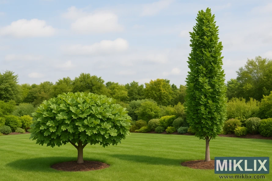 A beautifully maintained garden scene highlighting two contrasting oak varieties suited for smaller spaces. On the left, a dwarf oak displays a compact, rounded canopy with dense, vibrant green foliage, forming a neat, symmetrical shape close to the ground. On the right, a columnar oak rises with a strikingly upright form, its narrow, vertical profile accentuated by tightly layered branches and lush leaves, creating a tall, elegant silhouette. Both trees are set on neatly mulched bases within a manicured lawn, surrounded by a backdrop of trimmed shrubs and mature greenery. Above, a soft blue sky dotted with scattered clouds completes the tranquil, well-balanced composition.