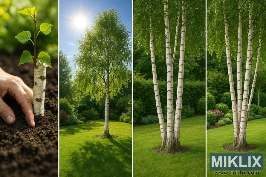 A collage of four landscape photographs, each illustrating birch trees in different garden conditions. The first panel shows a close-up of a young birch sapling being planted in dark, fertile soil, highlighting the importance of good ground preparation. The second panel depicts a single mature birch tree standing tall under bright sunlight in a well-manicured lawn, emphasizing its preference for open, sunny spaces. The third and fourth panels show groups of slender white birch trunks, planted with different spacing arrangements in lush garden settings, surrounded by greenery and flowering shrubs. Together, the images demonstrate soil, sunlight, and spacing requirements for growing healthy birch trees in gardens.