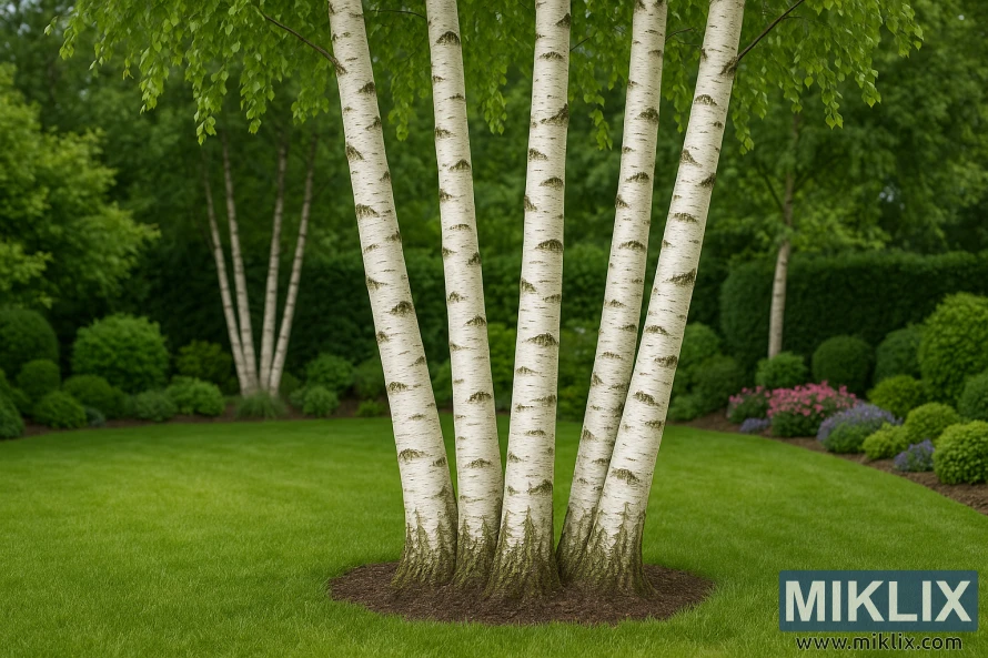 A group of graceful paper birch trees (Betula papyrifera) in a manicured garden setting. Their iconic white bark, marked with dark horizontal lines and natural peeling textures, stands out strikingly against the deep green backdrop of shrubs and hedges. The trunks rise in elegant, slightly angled clusters, their smooth bark catching soft, diffused light that enhances the contrast between white and green. Above, delicate green leaves form a light canopy, filtering the light and adding a sense of movement. In the background, colorful flower beds of pinks and purples complement the scene, creating a serene and picturesque composition that highlights the birch tree’s ornamental value in gardens.