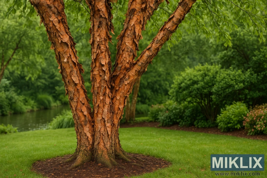 A mature river birch tree (Betula nigra) thriving in a lush garden beside a calm water feature. Its trunk and branches are striking, covered in distinctive reddish-brown bark that peels away in dramatic, curling layers, creating a textured and rugged appearance. The peeling bark contrasts beautifully with the fresh green lawn at the base and the surrounding foliage. Behind the tree, dense shrubs and flowering plants add depth, while the soft outline of the river enhances the tranquil atmosphere. The bright green, serrated leaves of the birch canopy provide a light, airy texture, emphasizing why this species is valued for wet garden areas and ornamental landscapes.