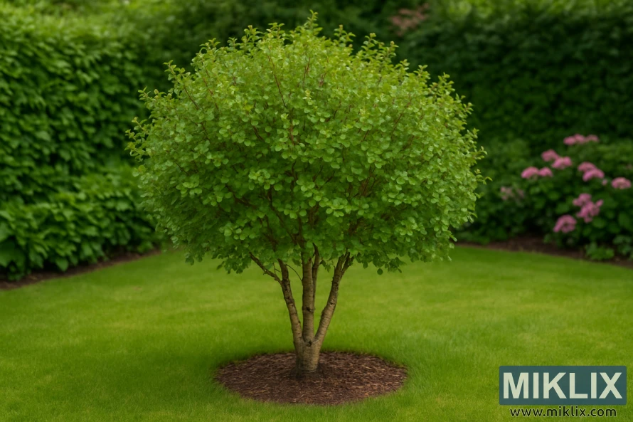 A dwarf birch (Betula nana) in a neat garden setting, perfectly showcasing its compact and rounded growth habit. The small tree stands at the center of a lush green lawn, its dense canopy formed of tiny, rounded leaves in vibrant shades of green. The slender multiple trunks rise gracefully from a mulched base, emphasizing its tidy appearance. Behind the tree, a thick, well-trimmed hedge provides a deep green backdrop, while blooming pink hydrangeas add a soft splash of color to the composition. The diffused sunlight highlights the dwarf birch’s size and shape, making clear why it is an ideal choice for gardens with limited space.