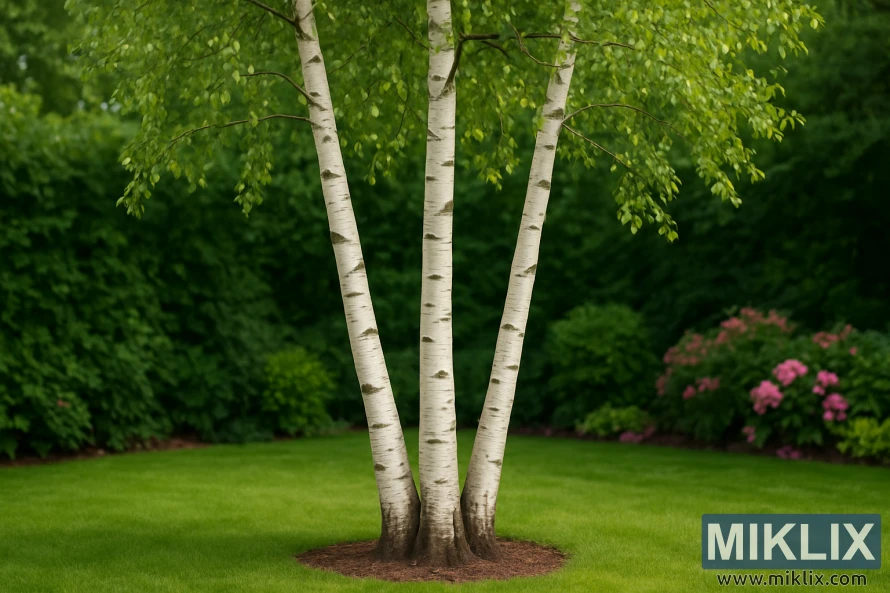 Three elegant silver birch trees (Betula pendula) in a beautifully maintained garden. Their slender, upright trunks gleam with smooth white bark marked by subtle dark fissures, instantly recognizable as a hallmark of the species. The trees rise gracefully, their delicate green leaves forming a light, airy canopy that filters the soft sunlight. At the base, the trunks emerge from a neat mulched circle surrounded by a lush green lawn. In the background, dense hedges provide structure, while vibrant pink hydrangeas and other shrubs add depth and color. The scene captures the silver birch’s refined beauty and timeless appeal, making it a classic ornamental choice for gardens.
