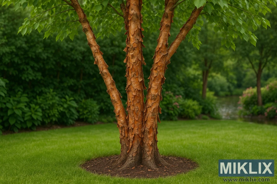 A Heritage River Birch (Betula nigra ‘Heritage’) thriving in a lush garden landscape. Its striking trunk and branches are covered in richly textured, reddish-brown bark that naturally exfoliates into curling, papery layers, revealing lighter inner tones beneath. This dramatic peeling effect is showcased beautifully against the vibrant green foliage above, where glossy leaves form a dense, arching canopy. The tree emerges from a neatly mulched base surrounded by a velvety green lawn, while the background features shrubs, flowering plants, and a calm pond that enhance the serene setting. The scene captures both the tree’s disease resistance and ornamental charm, making it an ideal garden centerpiece.
