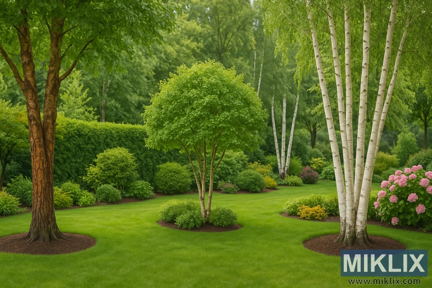 A beautifully designed garden landscape featuring several birch varieties, harmoniously arranged to showcase their unique forms. On the left, a river birch displays its distinctive peeling, reddish-brown bark, adding texture and warmth. At the center, a compact dwarf birch with a rounded canopy of dense green leaves highlights its suitability for smaller spaces. To the right, elegant silver birch trees rise with smooth white trunks marked by dark streaks, their airy foliage creating light dappled shade. The scene is enriched by lush shrubs, vibrant hydrangeas, and neatly mulched beds, all set against a backdrop of layered greenery. The composition highlights the beauty and versatility of birches in garden design.