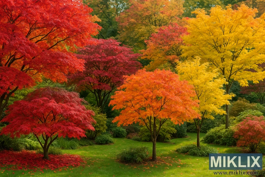 A lush garden scene bursts with autumn brilliance, featuring a variety of maple trees in peak fall color. The composition highlights layers of trees displaying a dazzling spectrum of reds, oranges, and golden yellows, each canopy dense with finely detailed foliage. The smaller maples in the foreground showcase delicate, lace-like leaves glowing against the soft green of the grass, while taller trees rise in the background, adding depth and contrast. Fallen leaves scatter gently at the base of the trees, enriching the scene with a natural carpet of crimson and amber. The overall atmosphere is serene yet vibrant, evoking the perfect seasonal showcase of ornamental maples in a carefully tended garden setting.