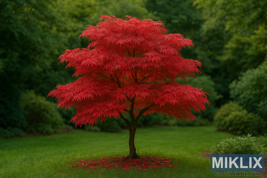 A graceful Japanese maple (Acer palmatum) stands as the centerpiece of a lush garden, its finely cut leaves glowing in vivid shades of crimson red. The tree’s elegant, layered canopy creates a soft, cascading effect, with each tier of delicate foliage fanning outward like lacework. The slender trunk and gently arching branches lend a sculptural quality, while scattered fallen leaves form a subtle red carpet at its base. Surrounding the maple, deep green shrubs and a smooth lawn provide a rich contrast, intensifying the brilliance of the fiery foliage. The serene garden setting captures the timeless beauty of one of the most admired ornamental trees for landscape design.