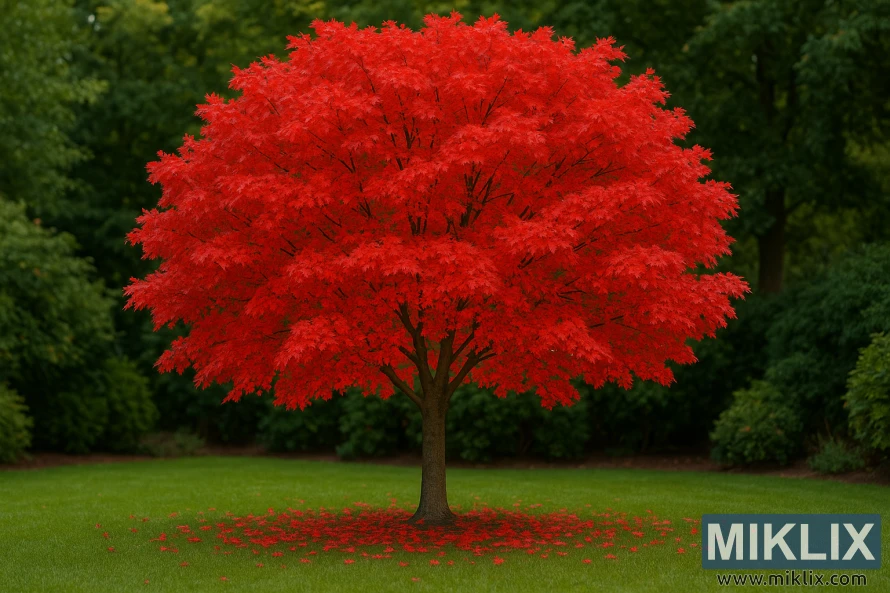 A magnificent Red Maple (Acer rubrum) dominates the garden scene, its dense canopy ablaze with brilliant scarlet foliage. Each leaf, sharply defined, contributes to the fiery display, creating a dome-shaped crown that glows with autumn intensity. The tree’s sturdy, gray-brown trunk anchors the composition, while a scattering of fallen leaves forms a vivid red circle on the lush green grass below. The surrounding shrubs and blurred greenery in the background provide a calm contrast, making the maple’s colors even more striking. Bathed in soft, diffused light, the image captures the essence of autumn and the ornamental beauty that makes the Red Maple one of the most cherished trees for gardens.