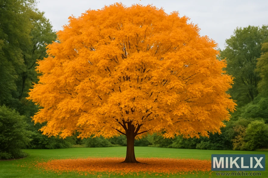 A grand Sugar Maple (Acer saccharum) dominates the garden landscape, its broad, rounded canopy glowing in a spectacular display of golden-orange autumn foliage. Each leaf shimmers in warm hues, creating a radiant contrast against the deep green lawn and surrounding trees. The sturdy trunk, with its textured bark, supports a dense crown that spreads symmetrically, forming an almost perfect dome. Beneath the tree, a carpet of freshly fallen leaves mirrors the brilliance above, enriching the seasonal atmosphere. The background of muted greenery enhances the maple’s fiery tones, capturing the essence of fall and showcasing why the Sugar Maple is among the finest choices for spacious gardens.