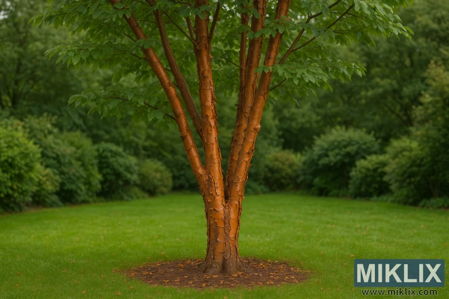 A striking Paperbark Maple (Acer griseum) stands elegantly in a verdant garden, its most distinctive feature on full display: richly textured, cinnamon-colored bark peeling away in delicate curls. The warm tones of the bark contrast beautifully against the vibrant green lawn and surrounding foliage, creating a scene that feels both natural and ornamental. Multiple stems rise gracefully from the base, their coppery bark catching the soft light and adding depth and warmth to the composition. Above, lush green leaves form a soft canopy, framing the tree’s sculptural trunk. This unique combination of ornamental bark and refined structure makes the Paperbark Maple a prized and unusual choice for gardens.