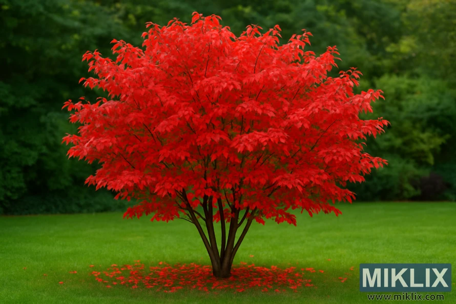 An Amur Maple (Acer ginnala) shines in full autumn splendor, its dense, multi-stemmed form cloaked in a dazzling canopy of brilliant crimson foliage. The small, finely textured leaves glow with fiery red tones, accented by hints of orange that catch the soft light. Its compact, rounded shape makes it an ideal focal point for smaller gardens, where space is limited but seasonal drama is desired. Beneath the branches, a scattering of fallen leaves forms a vivid red carpet on the lush green lawn, echoing the brilliance above. The blurred background of deeper green foliage heightens the maple’s vivid display, perfectly capturing its charm and ornamental value.