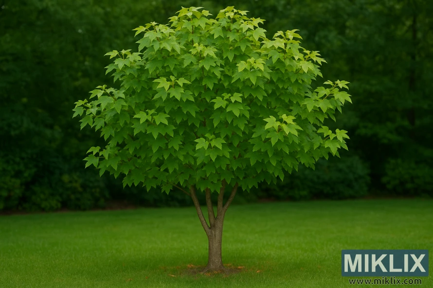 A Trident Maple (Acer buergerianum) stands gracefully in a lush garden, its rounded canopy densely covered with vibrant green leaves. Each leaf displays the species’ signature three-lobed shape, giving the tree a distinctive and textured appearance. The smooth, grayish trunk branches upward into multiple stems, supporting the full crown that casts a gentle shade over the manicured lawn. Subtle dappled light plays across the foliage, while the background of softly blurred shrubs and trees provides a rich green backdrop. Compact yet elegant, the Trident Maple exudes charm and resilience, making it a prized choice for gardens in warmer regions where its beauty thrives.