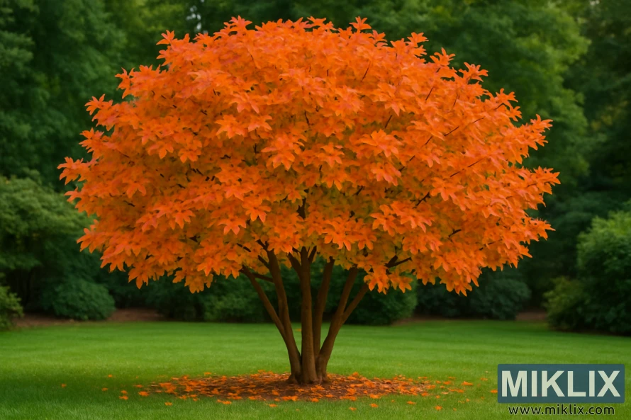 A mature Shantung Maple (Acer truncatum) glows with seasonal brilliance, its dense canopy ablaze in shades of orange and red. The star-shaped leaves, some tinged with hints of gold, create a fiery dome of autumn color that stands out vividly against the deep green of the surrounding garden. Multiple slender trunks rise gracefully from the base, supporting the tree’s rounded form and adding structural elegance. Beneath the canopy, a soft carpet of fallen leaves mirrors the vibrant hues above, scattered across the lush lawn. Bathed in gentle daylight, the scene highlights the Shantung Maple’s resilience, beauty, and its reputation as an outstanding ornamental tree for gardens.