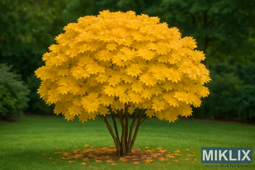 A Fullmoon Maple (Acer shirasawanum) takes center stage in a serene autumn garden, its rounded canopy glowing in a luminous golden hue. The tree’s distinctive, broad, rounded leaves overlap densely, creating a textured dome of radiant foliage. Hints of amber and soft orange add depth to the display, while scattered leaves form a golden carpet beneath its base. Multiple slender trunks rise from the ground, their subtle curves adding elegance to the tree’s structure. Set against a backdrop of blurred green foliage, the vibrant crown shines brilliantly, highlighting the maple’s ornamental uniqueness and its value as a standout addition to garden landscapes.