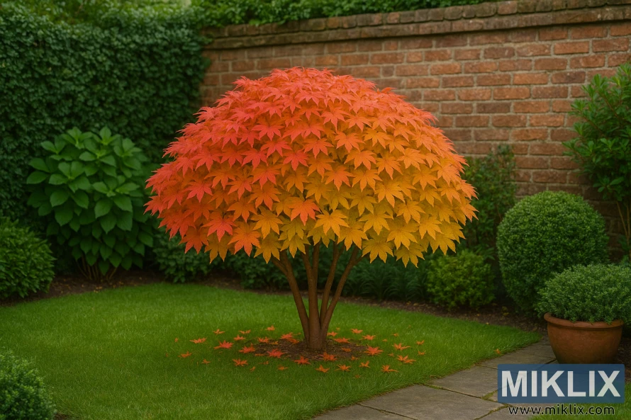 A compact Japanese maple (Acer palmatum) serves as the striking centerpiece of a small, neatly designed garden. Its dense, dome-shaped canopy glows with a gradient of fiery red and orange leaves that deepen toward the crown and shift to golden tones near the base. Graceful branches rise from the slender trunk, spreading evenly to create a perfect focal point. Fallen leaves scatter lightly on the lush green lawn, echoing the vibrant colors above. The tree is framed by a mix of neatly trimmed boxwood, lush shrubs, and a warm brick wall, while a stone pathway curves gently nearby. The overall effect is intimate, balanced, and a perfect example of how Japanese maples elevate smaller gardens with elegance.