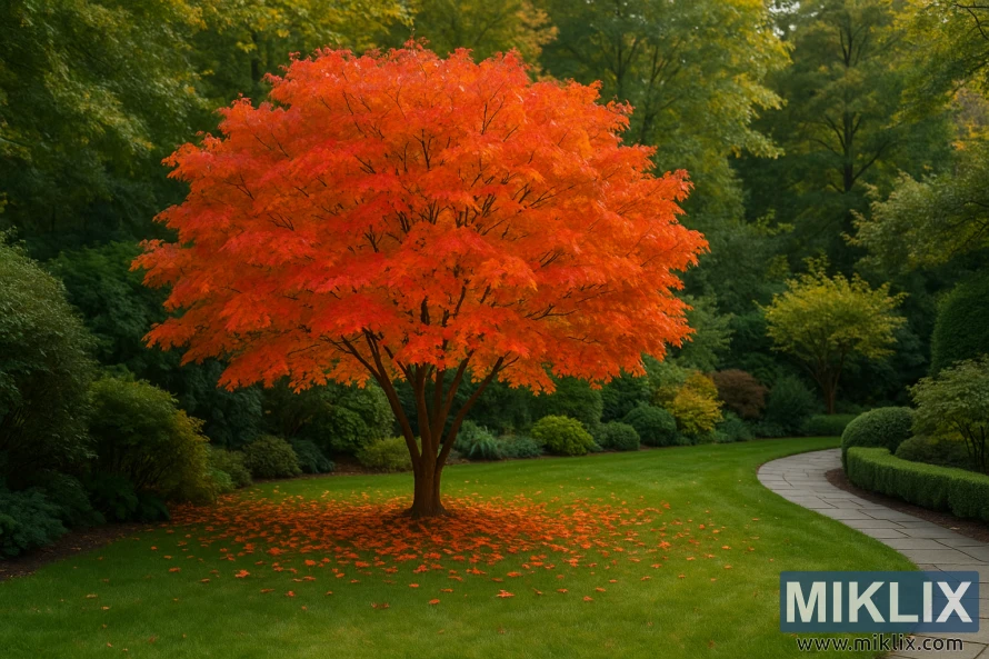 A radiant maple tree commands attention in a serene garden, its canopy ablaze with brilliant shades of red, orange, and fiery gold. Each leaf contributes to a glowing tapestry of autumn color, forming a rounded crown that contrasts vividly against the surrounding greenery. The sturdy trunk rises gracefully from a lush, well-kept lawn, where fallen leaves scatter to form a vibrant carpet at its base. A winding stone pathway curves gently through the scene, guiding the eye past manicured shrubs and soft, layered foliage. Bathed in gentle daylight, the composition captures the essence of fall, showcasing why maples are treasured as one of the best choices for gardens seeking autumn brilliance.