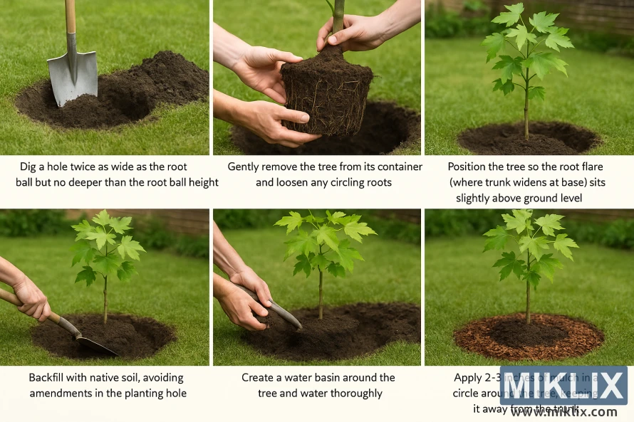 This composite instructional image demonstrates the proper planting technique for a young maple tree in six clear, photo-realistic steps. The sequence begins with digging a wide planting hole, twice as broad as the root ball but no deeper. Next, the tree is carefully removed from its container, with circling roots loosened. The young maple is then positioned in the hole so that the root flare sits slightly above ground level. Native soil is backfilled around the root ball, followed by the creation of a shallow water basin for thorough watering. Finally, a 2–3 inch layer of mulch is applied in a neat circle, kept away from the trunk, ensuring healthy establishment and long-term growth.
