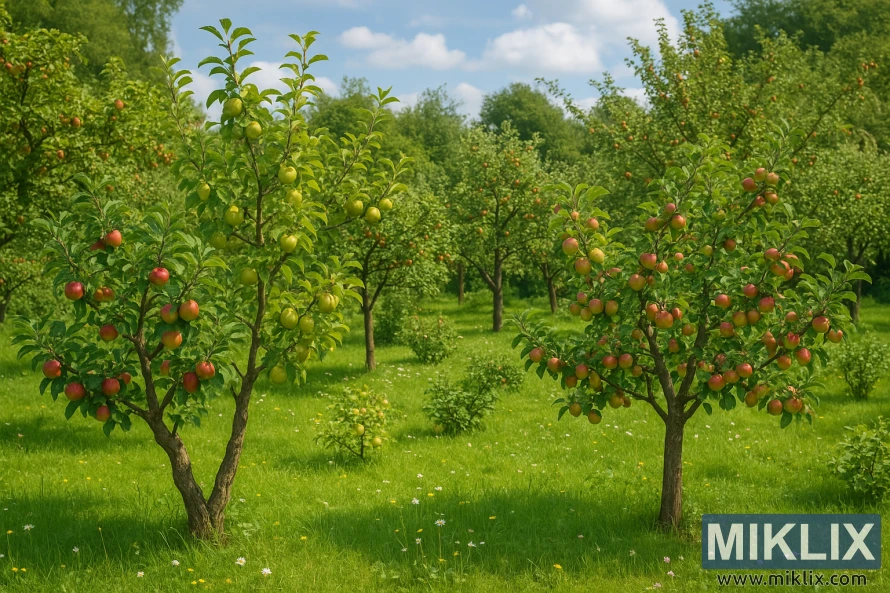 Orchard with apple trees bearing red, yellow, and multicolored fruit under a sunny sky.