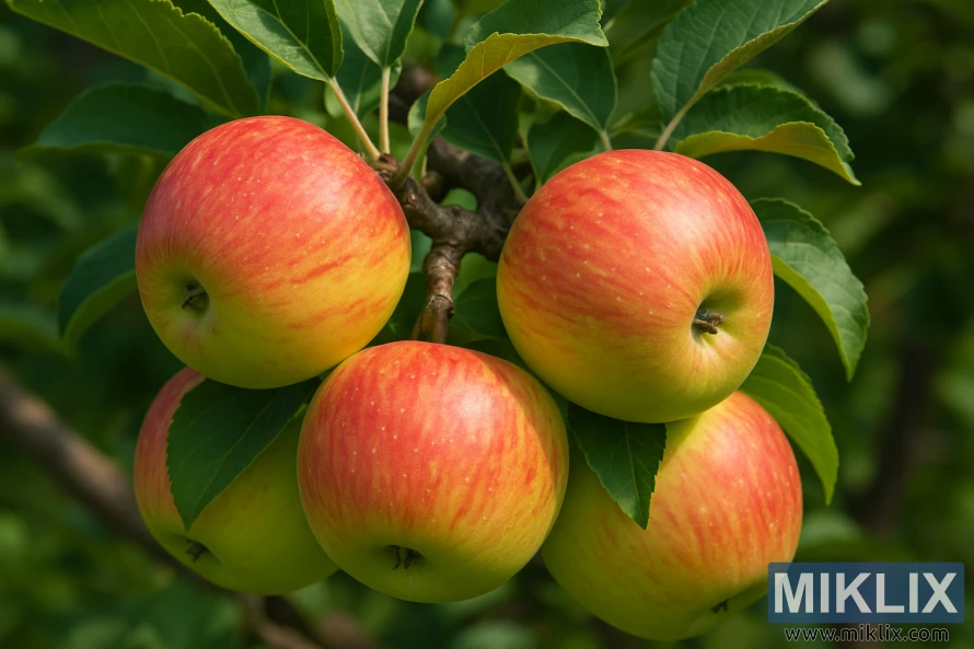Close-up of Honeycrisp apples with red and yellow streaked skins hanging from a branch.