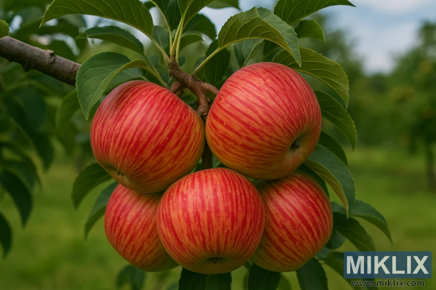 Close-up of Fuji apples with red striping over golden-yellow skin hanging from a branch.