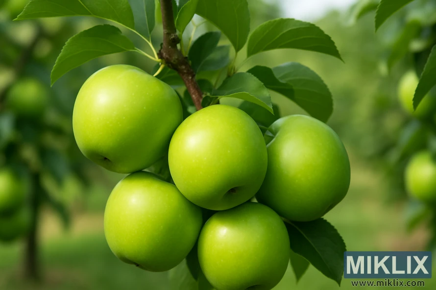 Close-up of Granny Smith apples with bright green glossy skins hanging from a branch.