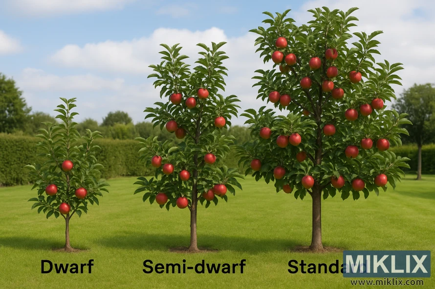 Comparison of dwarf, semi-dwarf, and standard apple trees with labeled sizes in a grassy orchard.