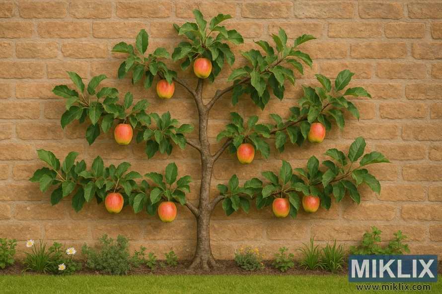 Espalier apple tree with red fruit and green leaves growing against a rustic brick wall.