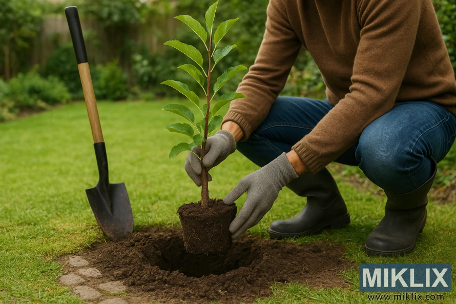 Gardener planting a young apple tree sapling with gloved hands in freshly dug soil.