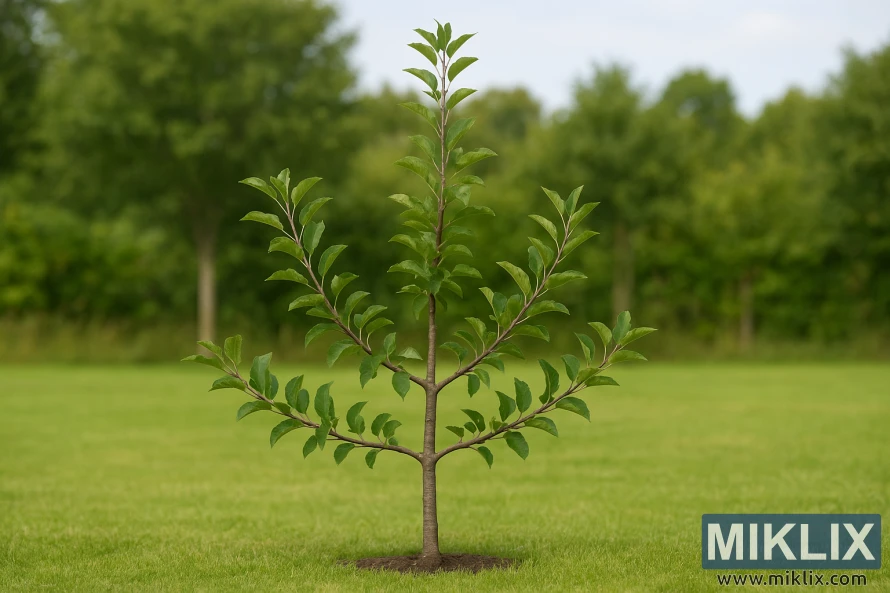 Young apple tree with central leader and evenly spaced branches in a grassy field.