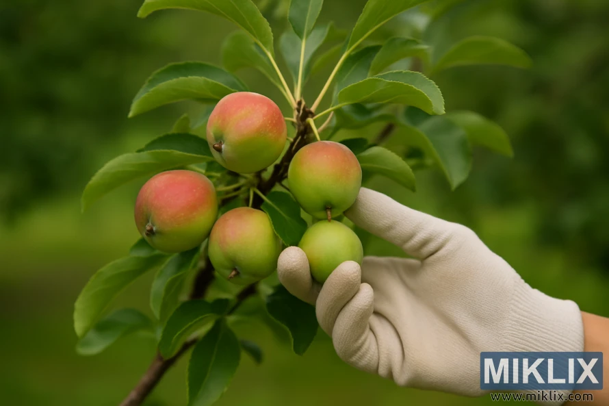 Gardener’s gloved hand thinning small apples from a clustered branch in summer orchard.