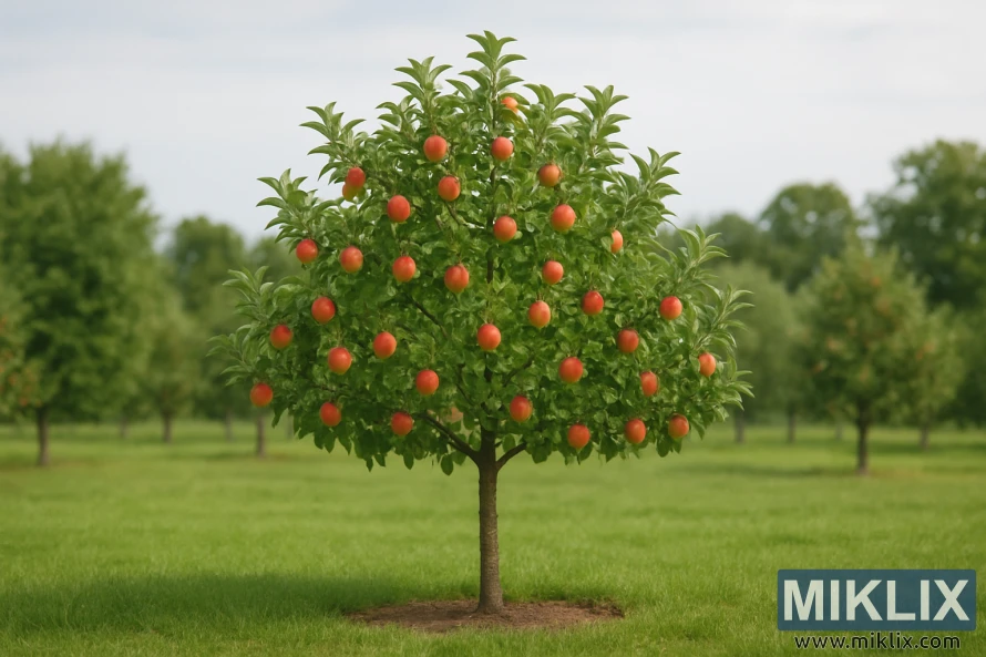 Single apple tree with red and yellow fruit in a well-kept orchard under daylight.