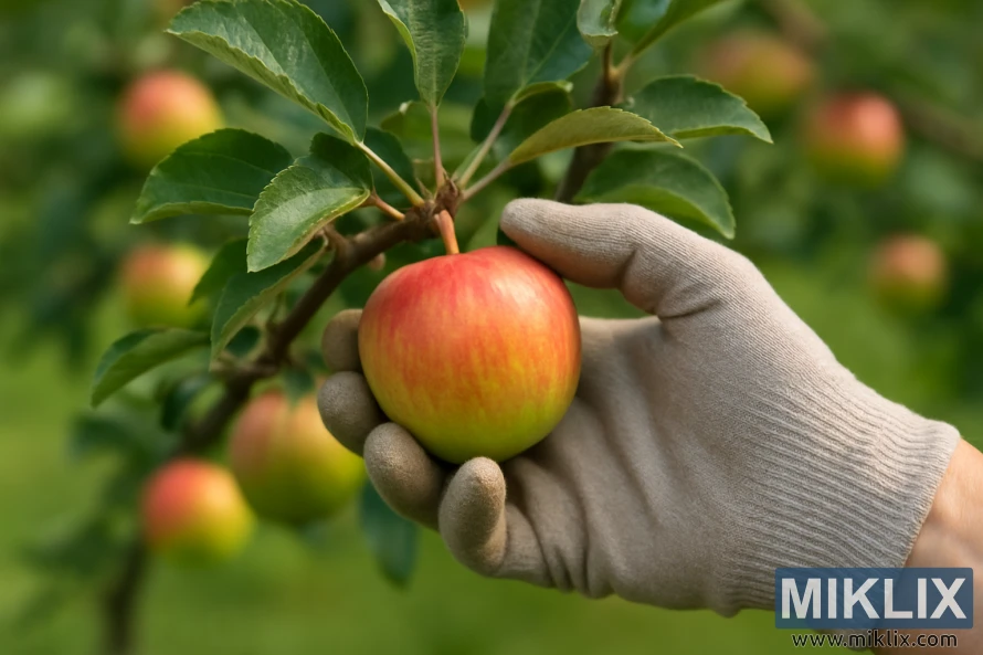 Gardener’s gloved hand gently twisting an apple on the tree to test ripeness.