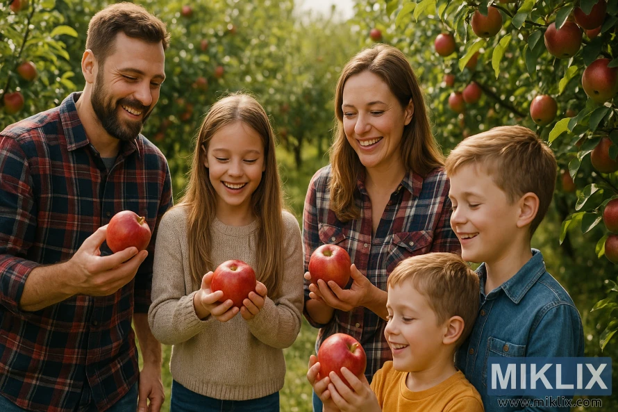 Family smiling and holding apples while enjoying a harvest outing in a sunny orchard.