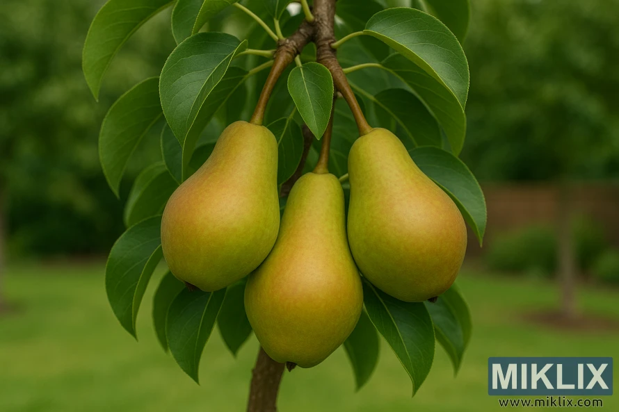Close-up of ripening Moonglow pears with golden-green skin and red blush among glossy green leaves.