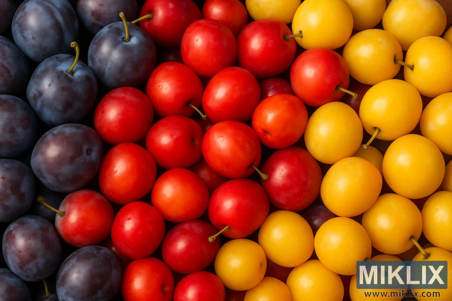 Colorful array of ripe purple, red, and yellow plums arranged closely in a vibrant gradient.