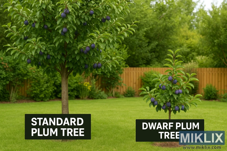 Side-by-side standard and dwarf plum trees in a garden, both bearing ripe purple plums.