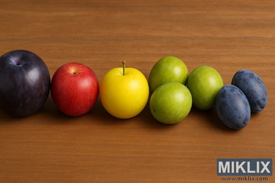 Seven plum varieties in different colors lined up on a warm wooden surface.