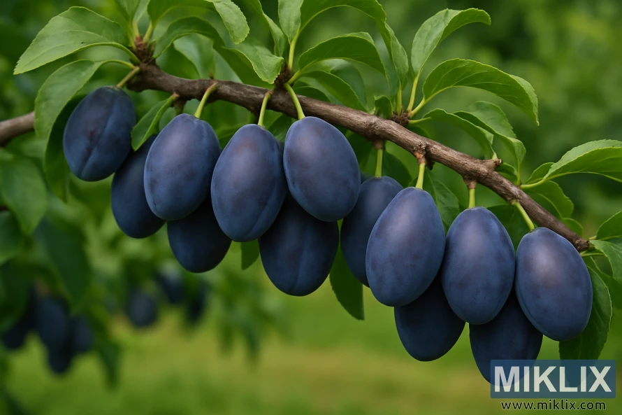Cluster of ripe deep purple Stanley plums hanging from a leafy branch.