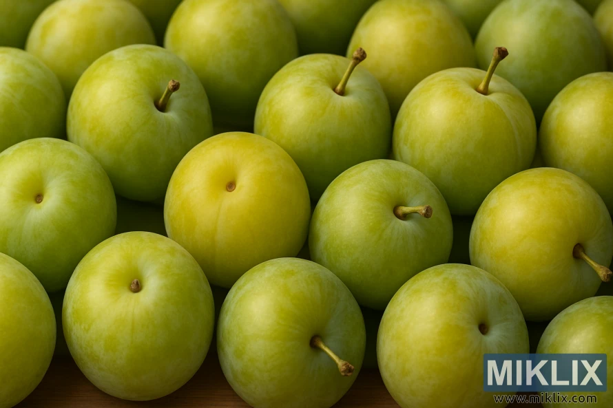 Tightly packed Green Gage plums with smooth green-gold skins filling the frame.